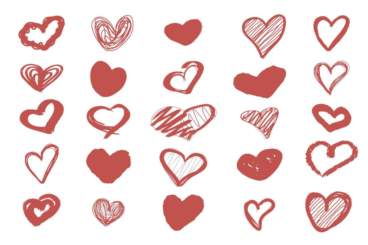 Set of heart icons of different shapes. Doodle symbols of love. Hand drawn elements for design. Isolated on white background. vector