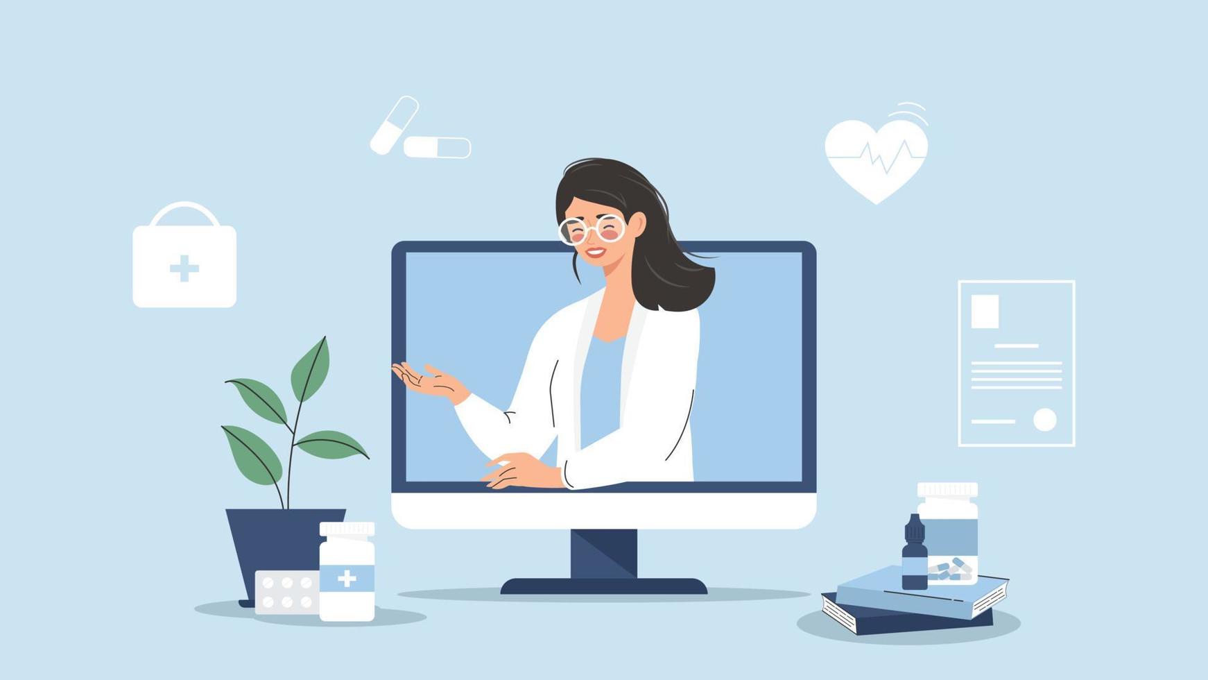 asesoramiento médico y apoyo en línea. médico en línea. doctora sonriente en la pantalla del monitor. vector para el sitio web de la clínica, aplicaciones