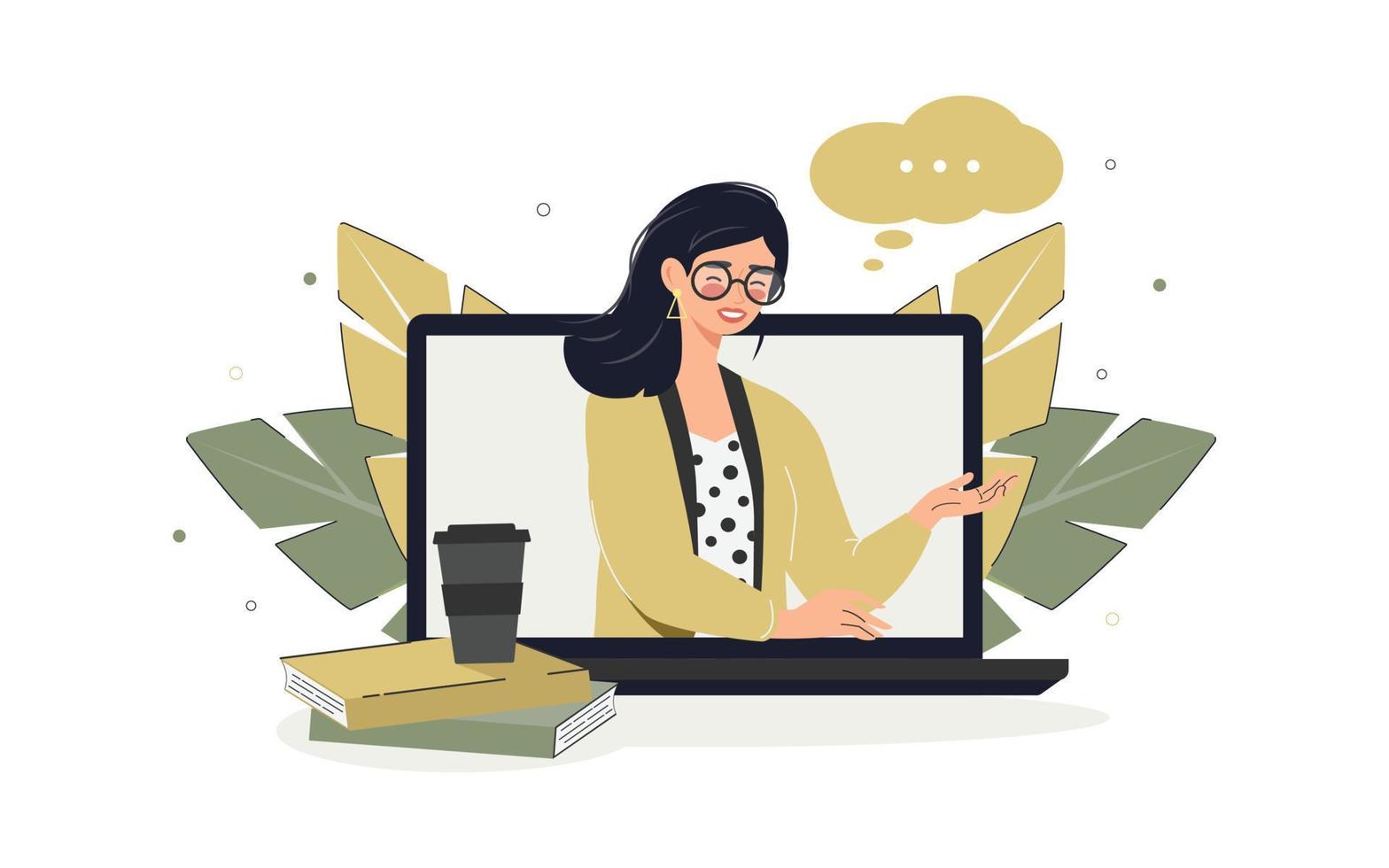 Communication, dialogue, online learning, online forum conversation and internet chat. Teacher, student, devices, laptop, flat illustration, plant. Vector illustration.