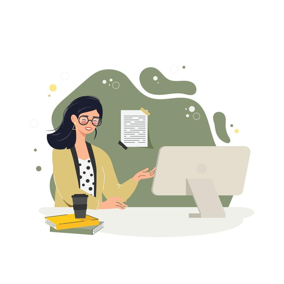 mujer muy joven, profesora trabajando en la computadora, estudiando y comprando en línea. ilustración vectorial de estilo plano sobre fondo blanco vector