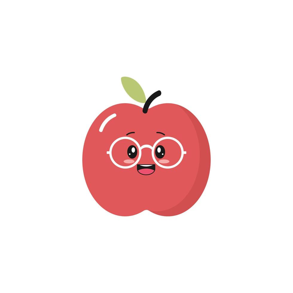 Simple icon of a red apple character in a flat cartoon kawaii style on a white isolated background. Vector illustration