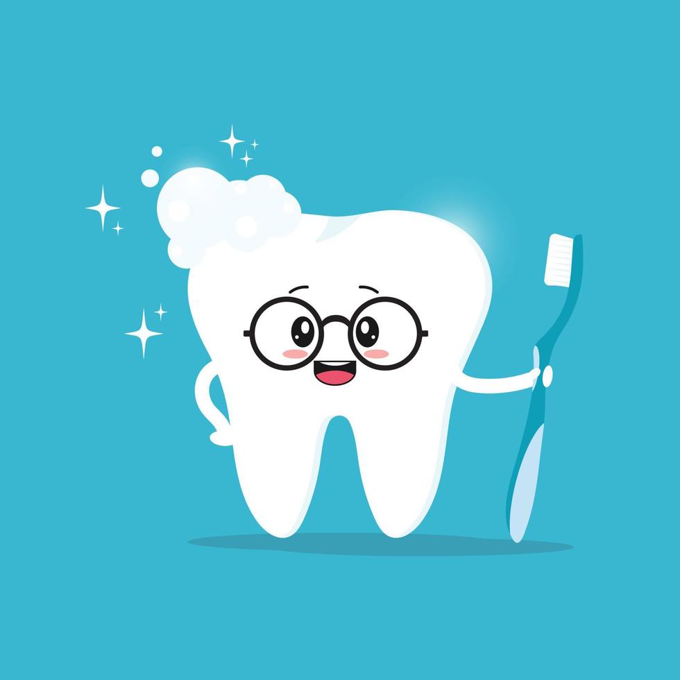 insignia de diente sonriente. lindo personaje limpia el diente sano con un cepillo de dientes. ilustración de odontología infantil. higiene bucal, cepillado de dientes. vector