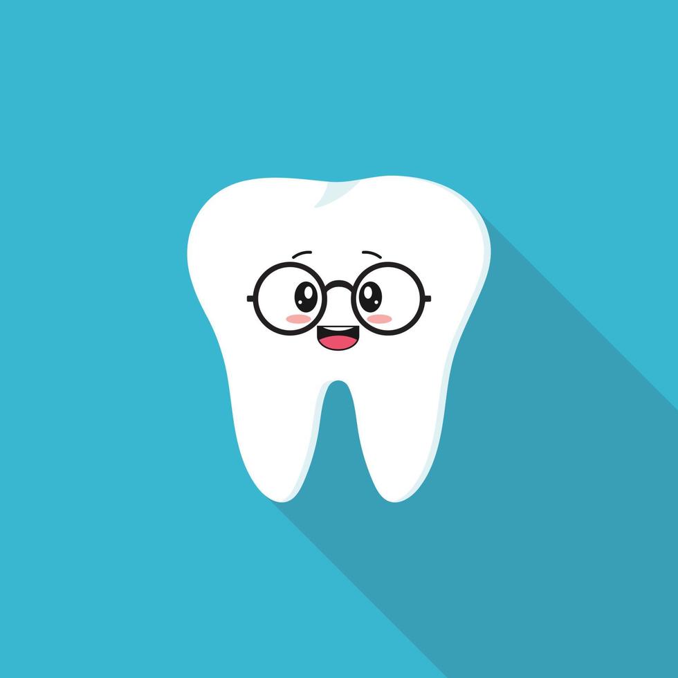 Illustration of a healthy cute white tooth with a kawaii style face, smiling face in a flat style. Vector icon for dentistry.