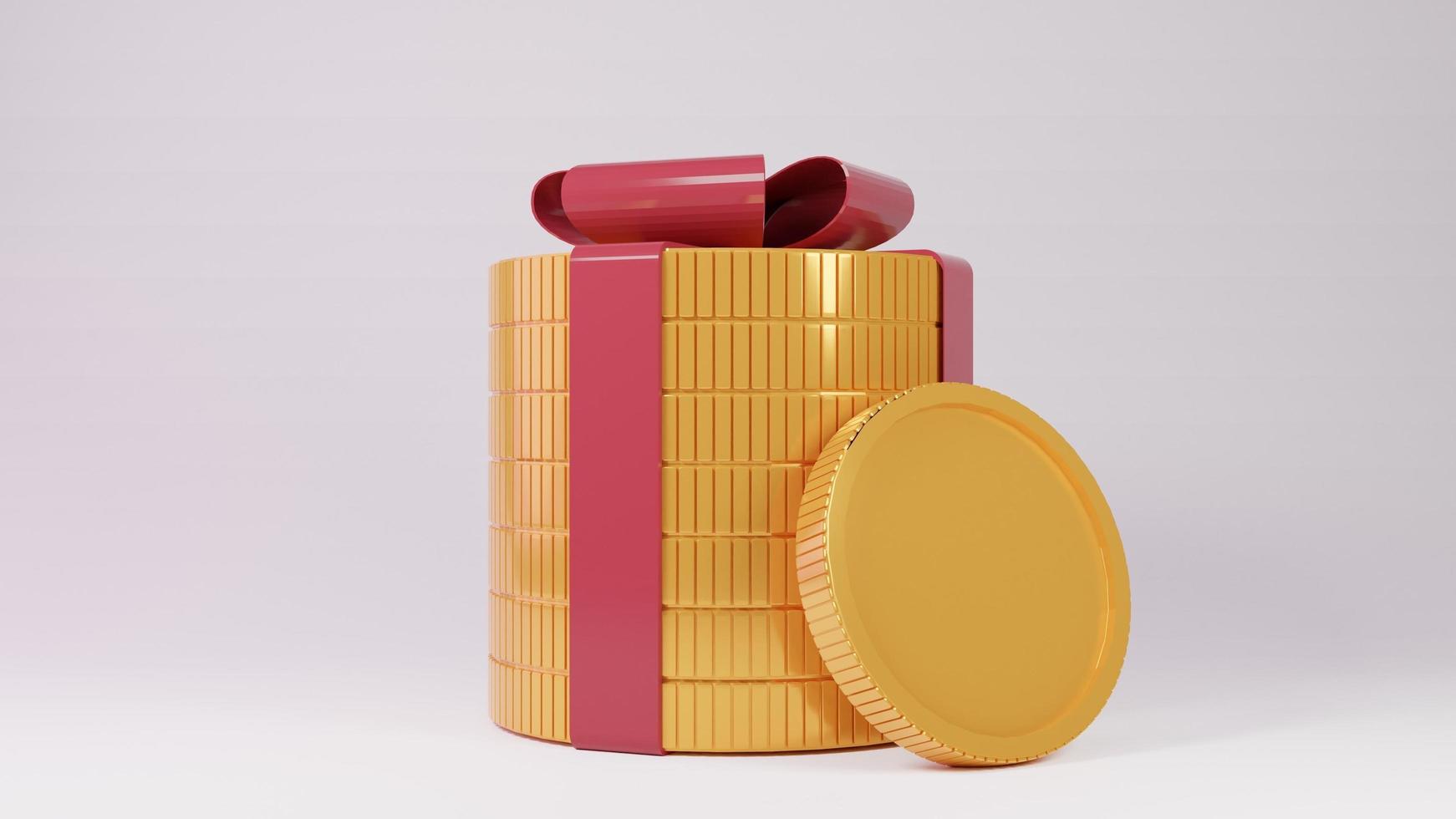 pila de monedas de oro atadas con una cinta roja. fondo blanco aislado. reembolso de monedas y banca, ahorro de dinero. espacio de copia vacío. ilustración de representación 3d. foto