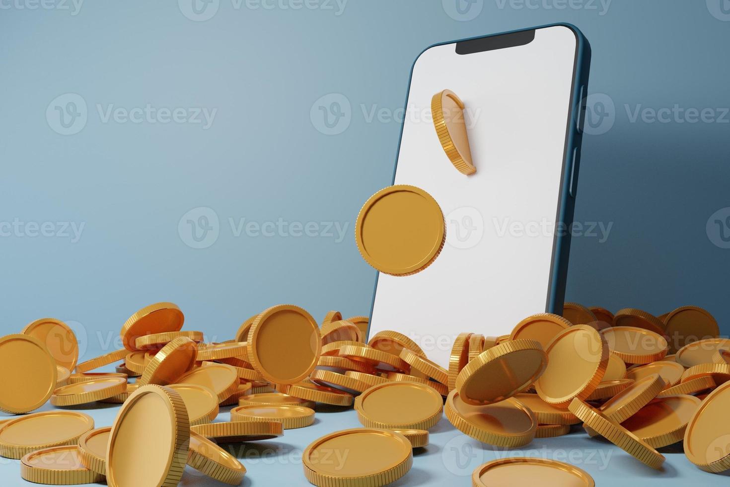 Smartphone with blank display and coins stack, digital wallet. Shopping mobile app, gold arrows coinsCashback and banking,money-saving. Mock up empty screen copy space,Isolate background. 3D render photo