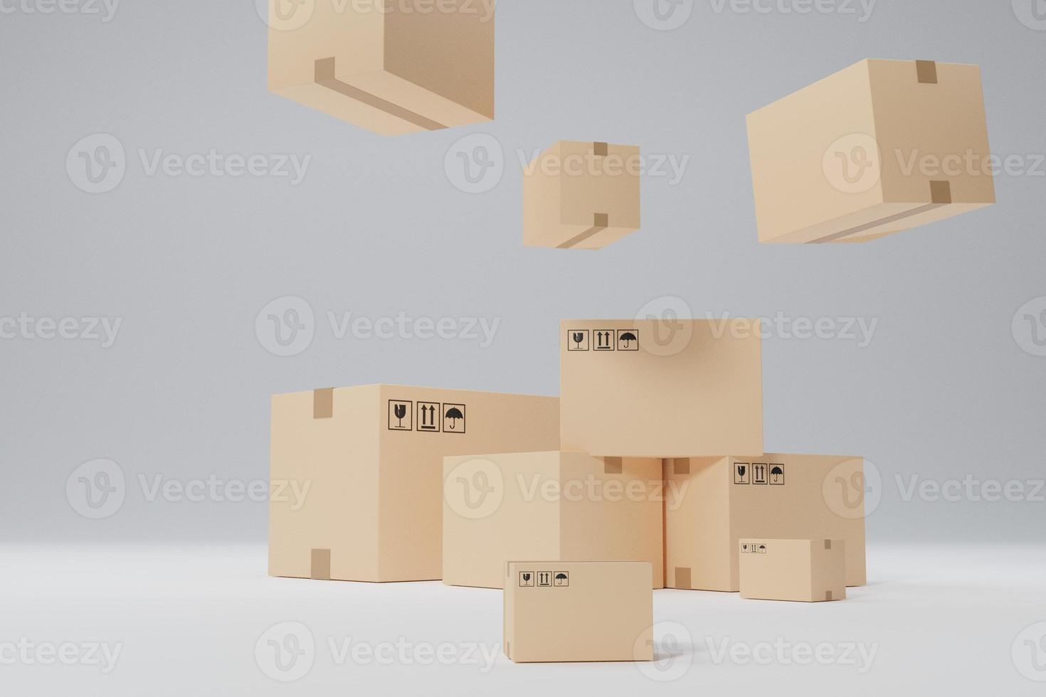 cajas de cartón, caja de carga, paquete sobre fondo blanco. concepto de servicio de entrega rápida. concepto de entrega y compras en línea. ilustración de representación 3d foto