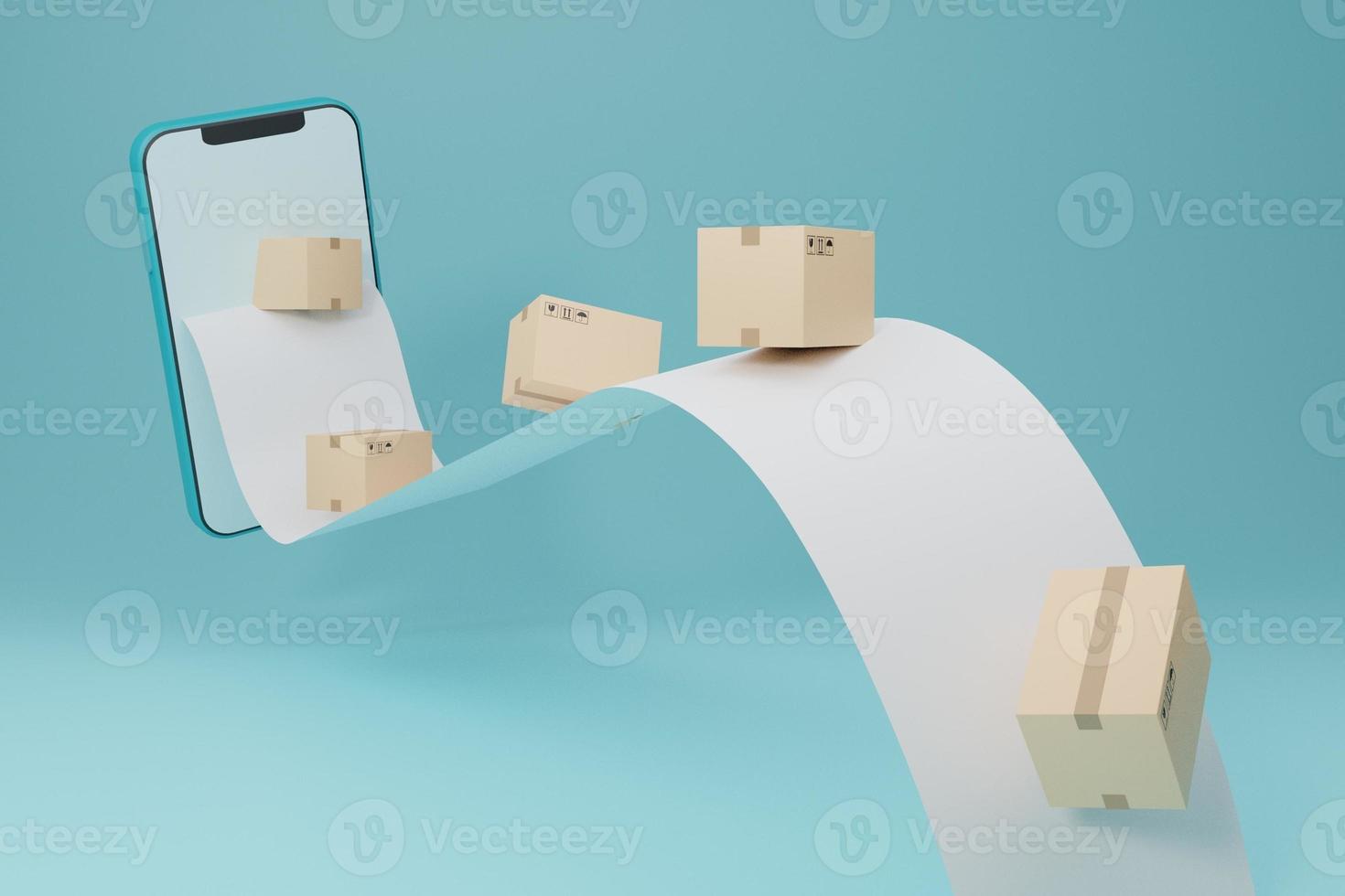 Smartphone with blank display with Parcel boxes and receipt blank paper floated in the air.Concept for fast delivery service.delivery and shopping online concept.3D rendering illustration photo