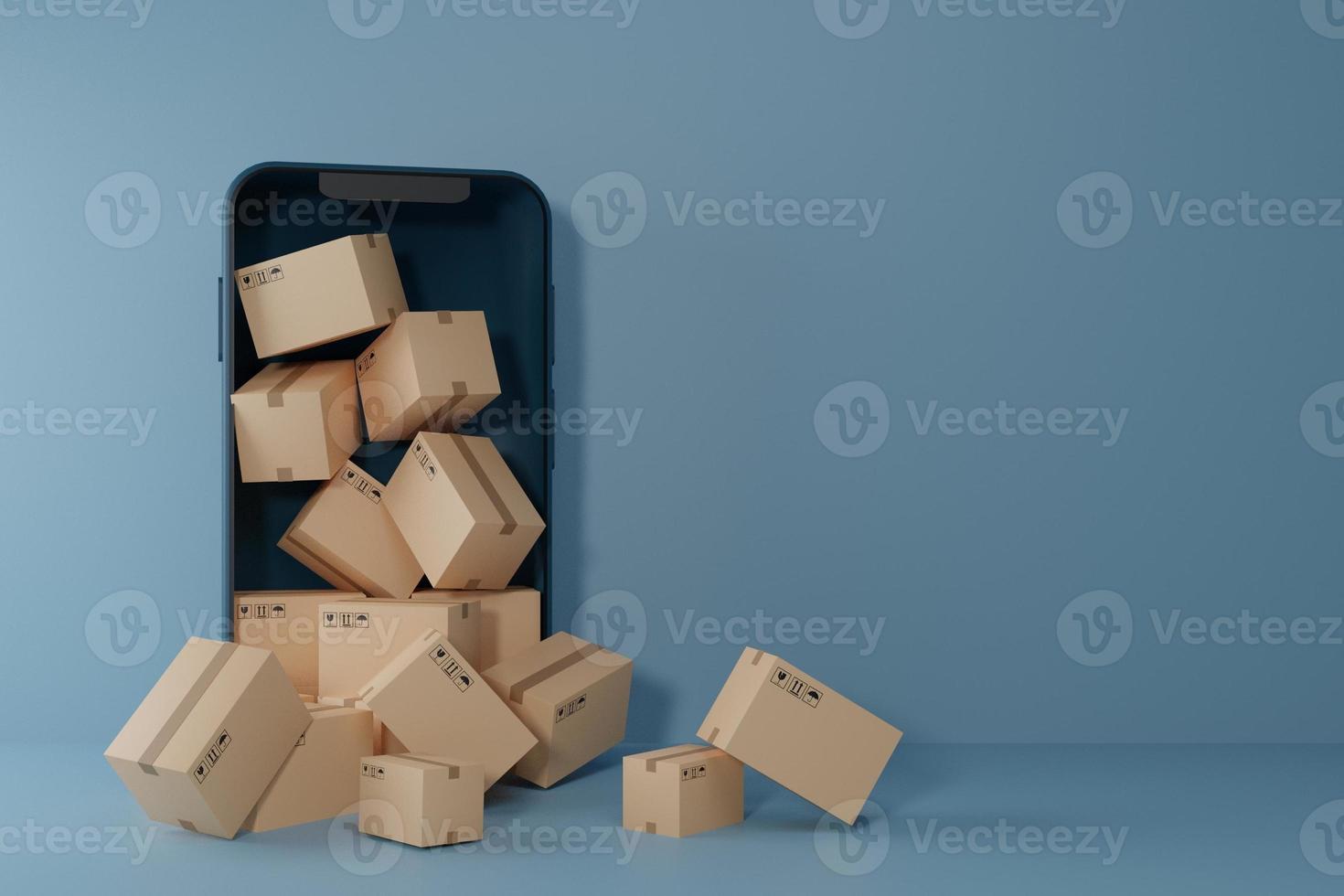 Smartphone blank display with Cardboard boxes.Parcel boxe ssticking out of the screen of a mobile phone.Concept for fast delivery service.delivery and shopping online concept.3D rendering illustration photo