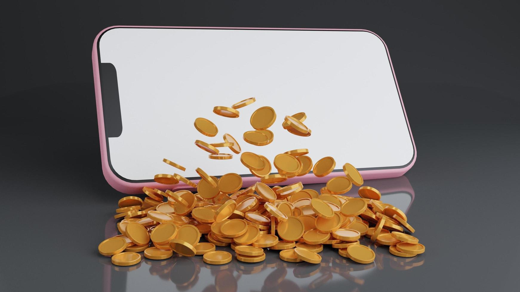 Smartphone with blank display and coins stack, digital wallet. Shopping mobile app, gold arrows coinsCashback and banking,money-saving. Mock up empty screen copy space,Isolate background. 3D render photo