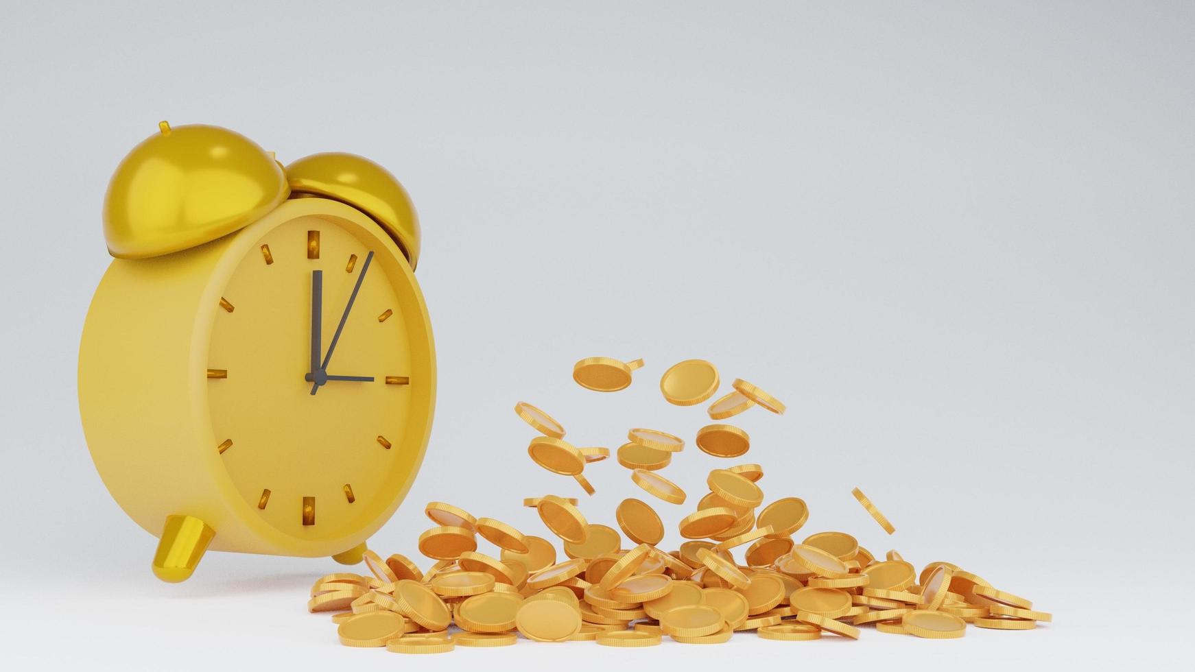 gold vintage alarm clock with pile of golden coins.coins flying around the bank isolate white background for commercial design,coins Cashback and banking,money-saving concept.3D rendering illustration photo