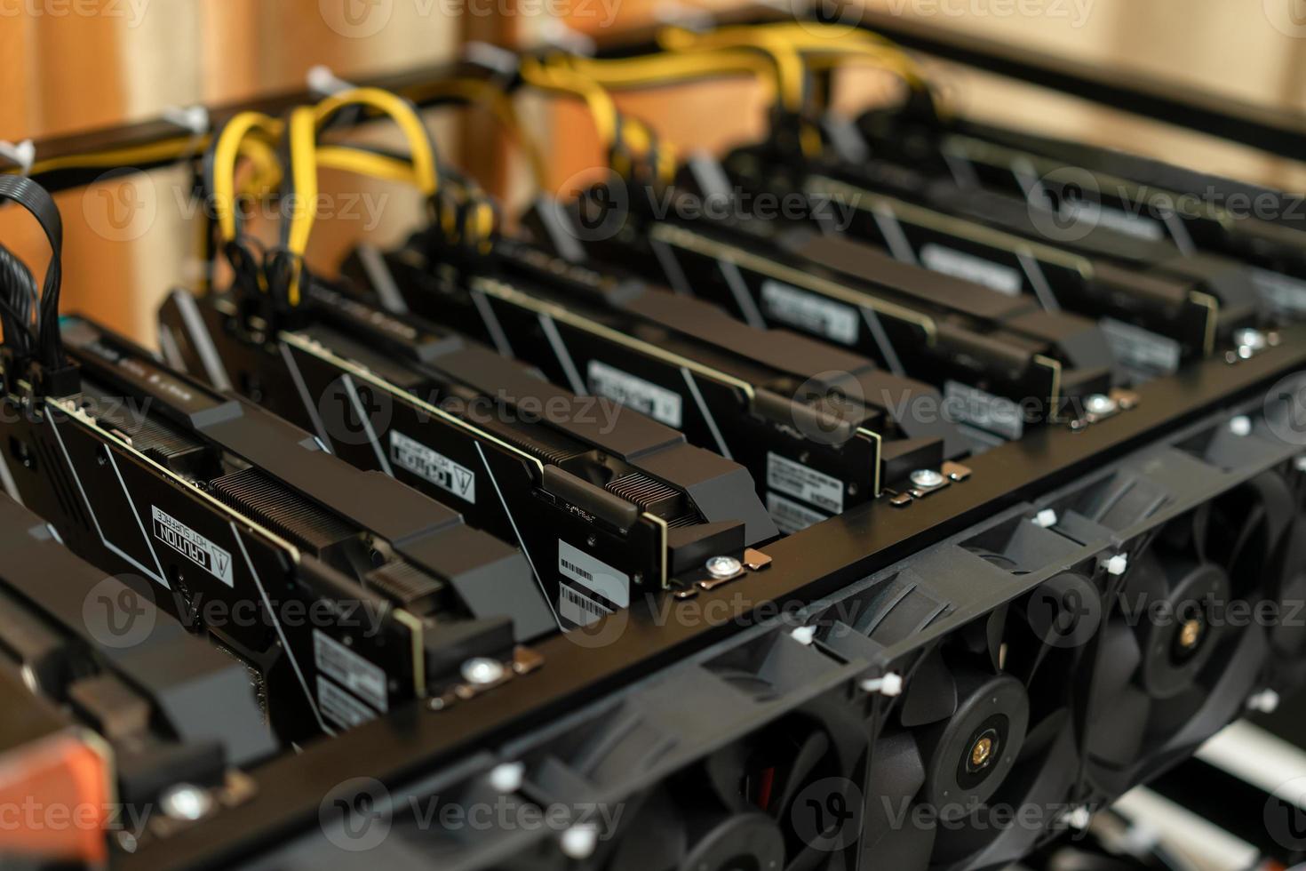 Bitcoin mining farm.  GPU for cryptocurrency miner. photo