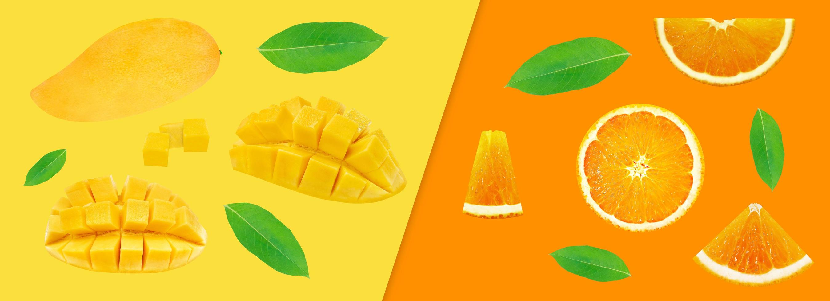 colecciones de frutas naranja y mango sobre fondo amarillo, concepto de frutas de verano, con trazado de recorte. foto