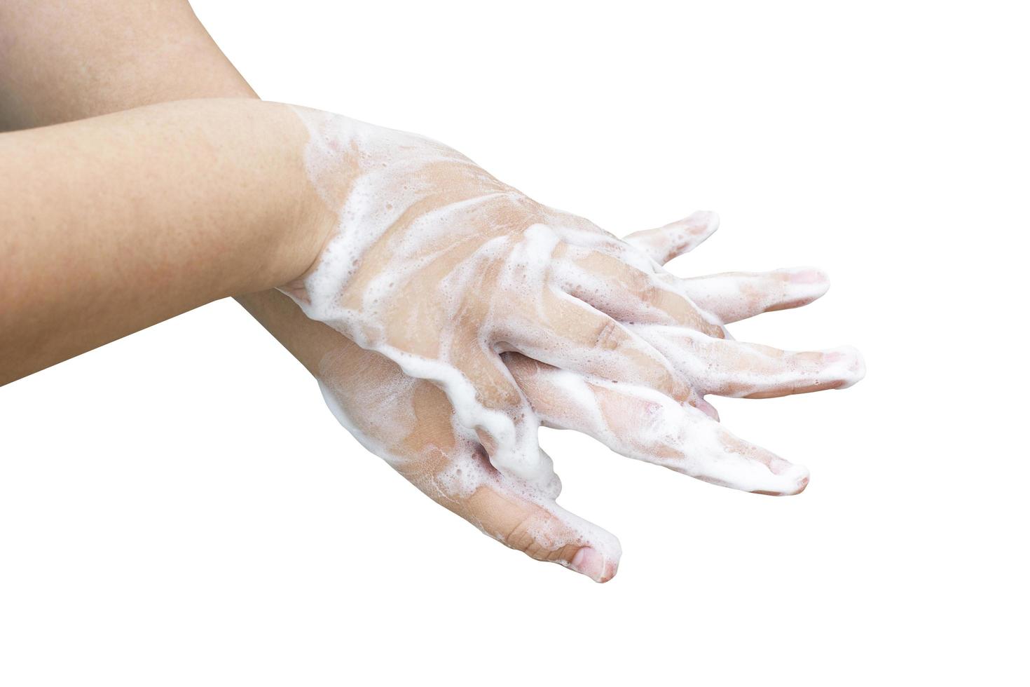 Hands washing soap foam isolated on white background with clipping path,Prevent germs, bacteria or viruses. photo