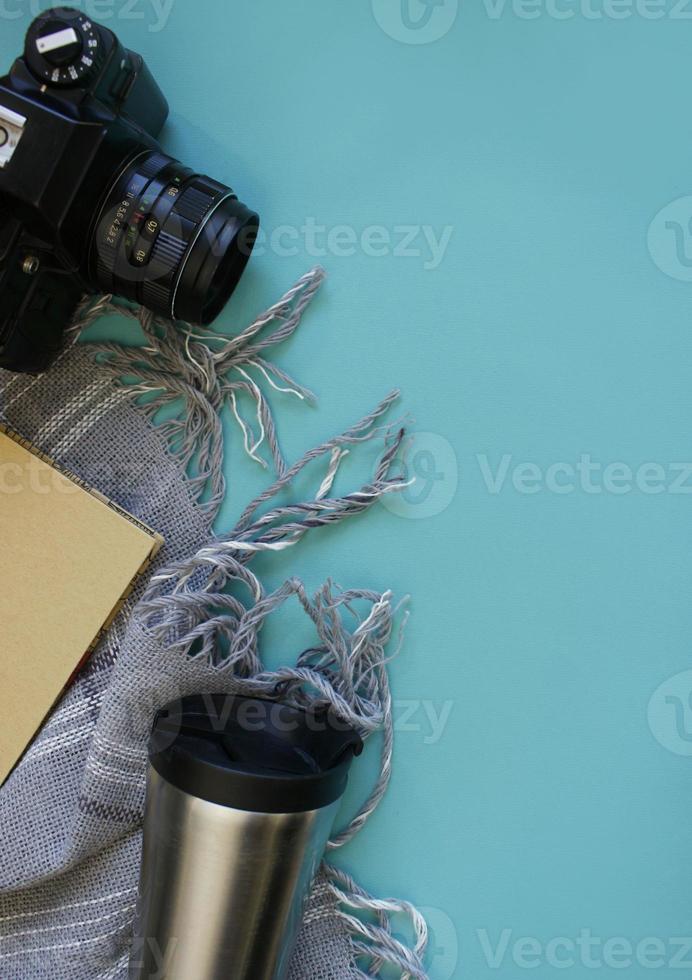Top view mockup of Traveler's accessories. background with copy space, travel concept. photo