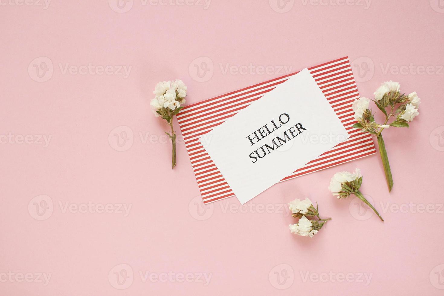 Hello summer. letters Summer and flowers on pink background. Empty card with copy space. photo