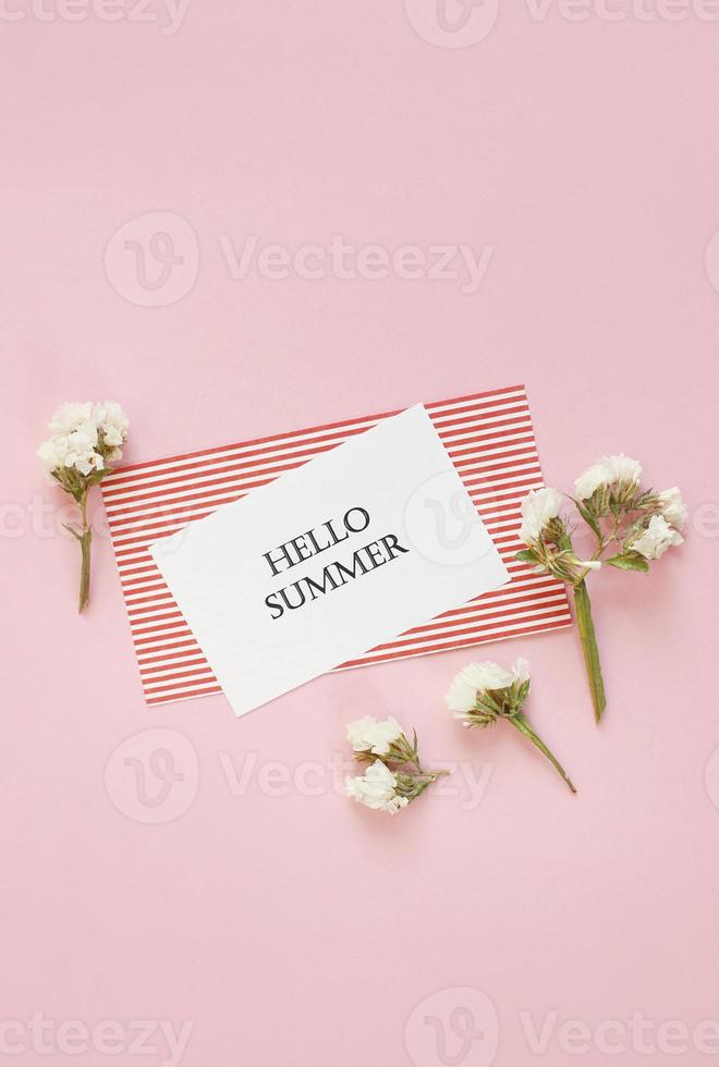 Hello summer. letters Summer and flowers on pink background. Empty card with copy space. photo