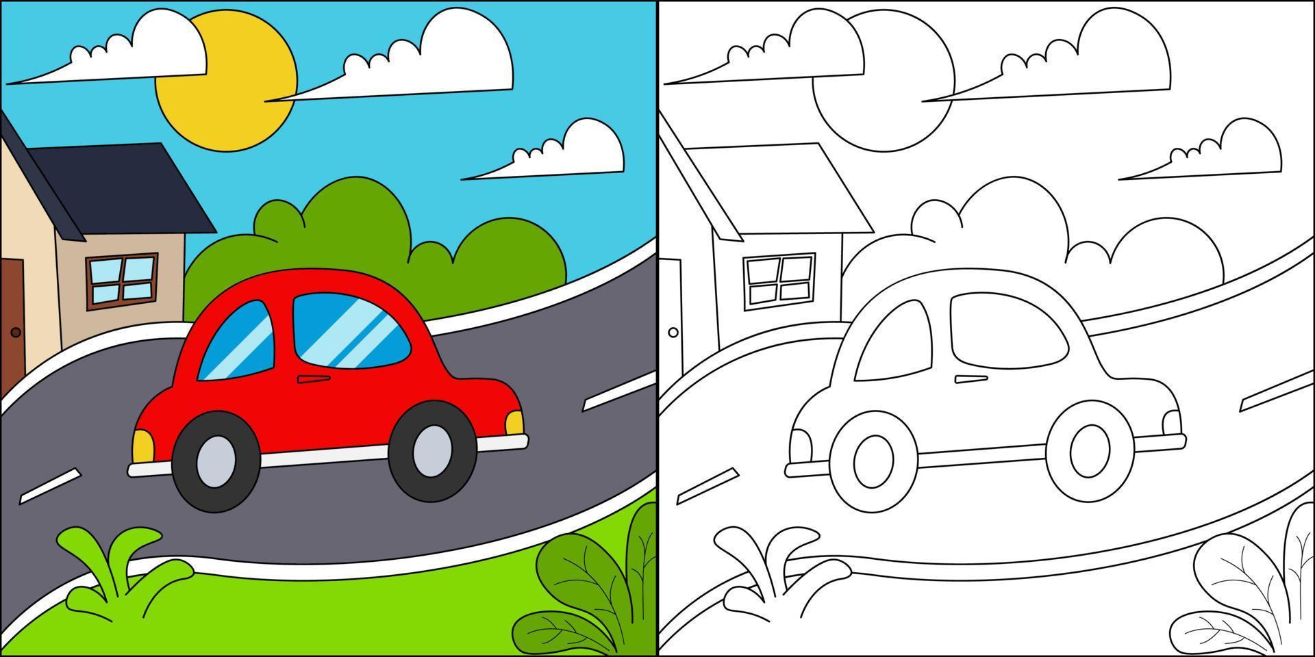 Car on the highway suitable for children's coloring page vector illustration