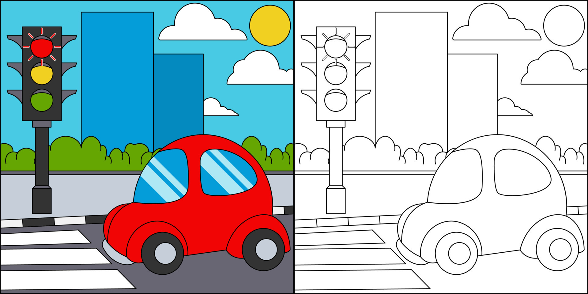 Car stop at traffic lights suitable for children's coloring page vector
