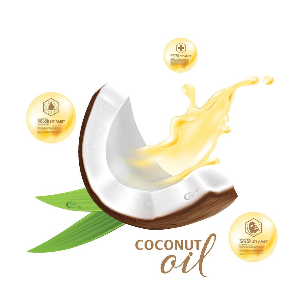 Realistic coconut organic milk ,oil and green palm leaves Vector illustration