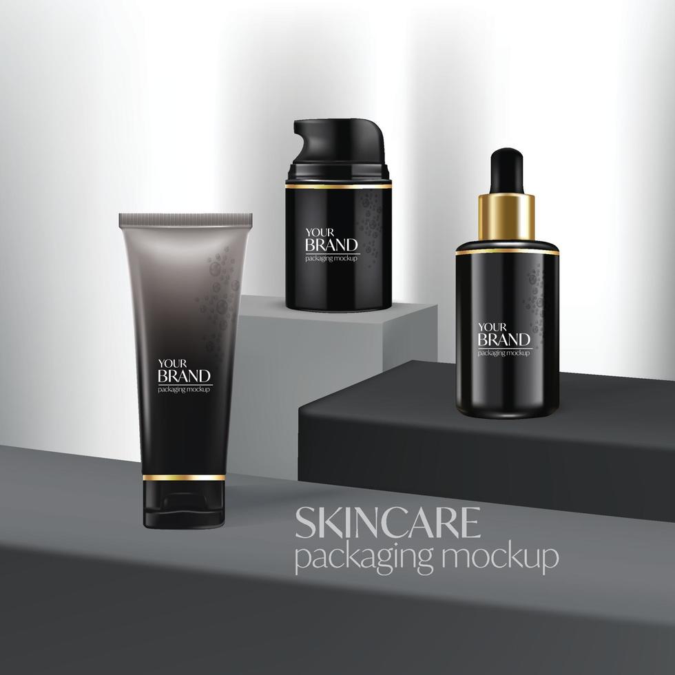 Skin care product mockup on square podium stage 3d vector illustration
