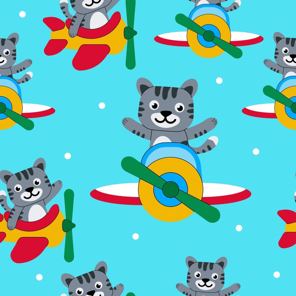 Cute cat flying on a plane seamless pattern vector illustration