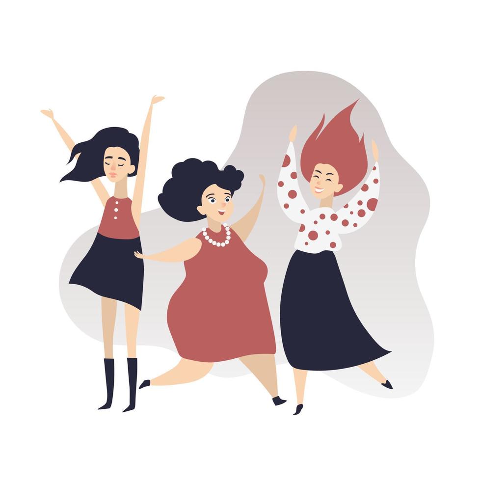 mujeres bailando felices amigos bailando disco. disco bailando agraciadas damas. ilustración de vector de estilo de dibujos animados divertido sobre fondo blanco.