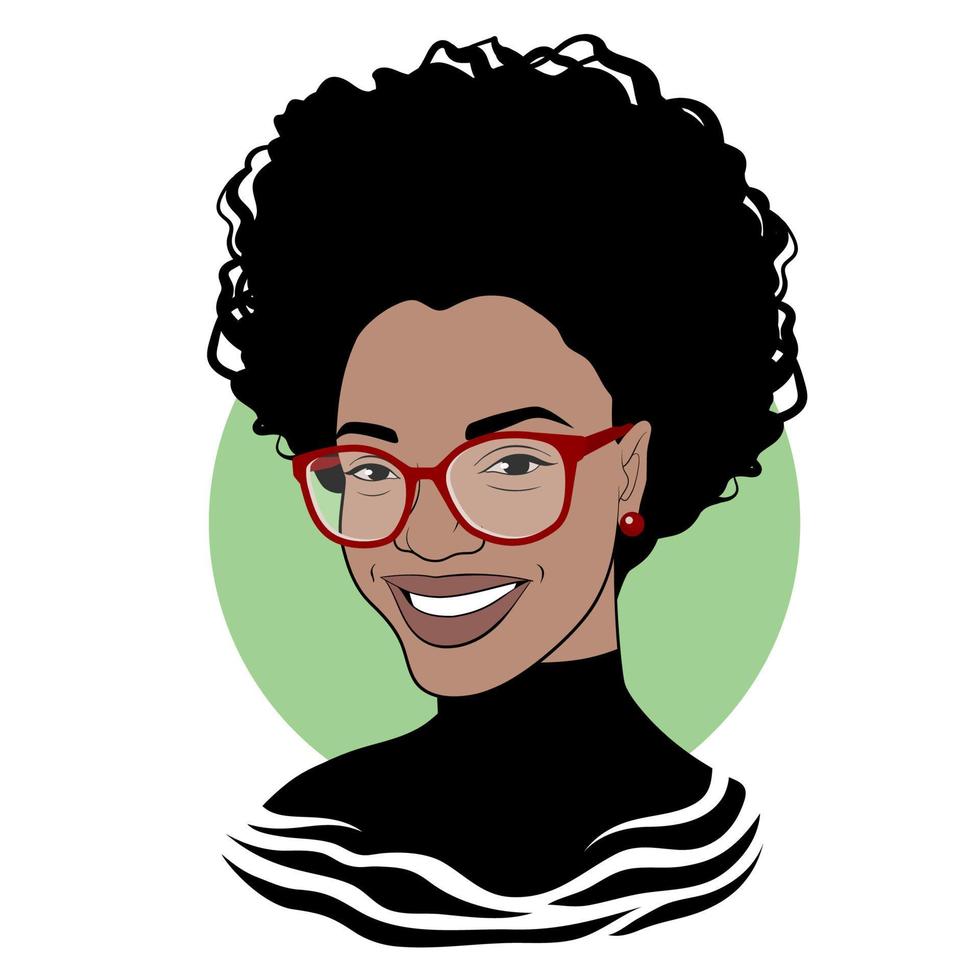 Black girl in fashionable glasses. Fancy black lady. Pretty african american woman. Vector illustration