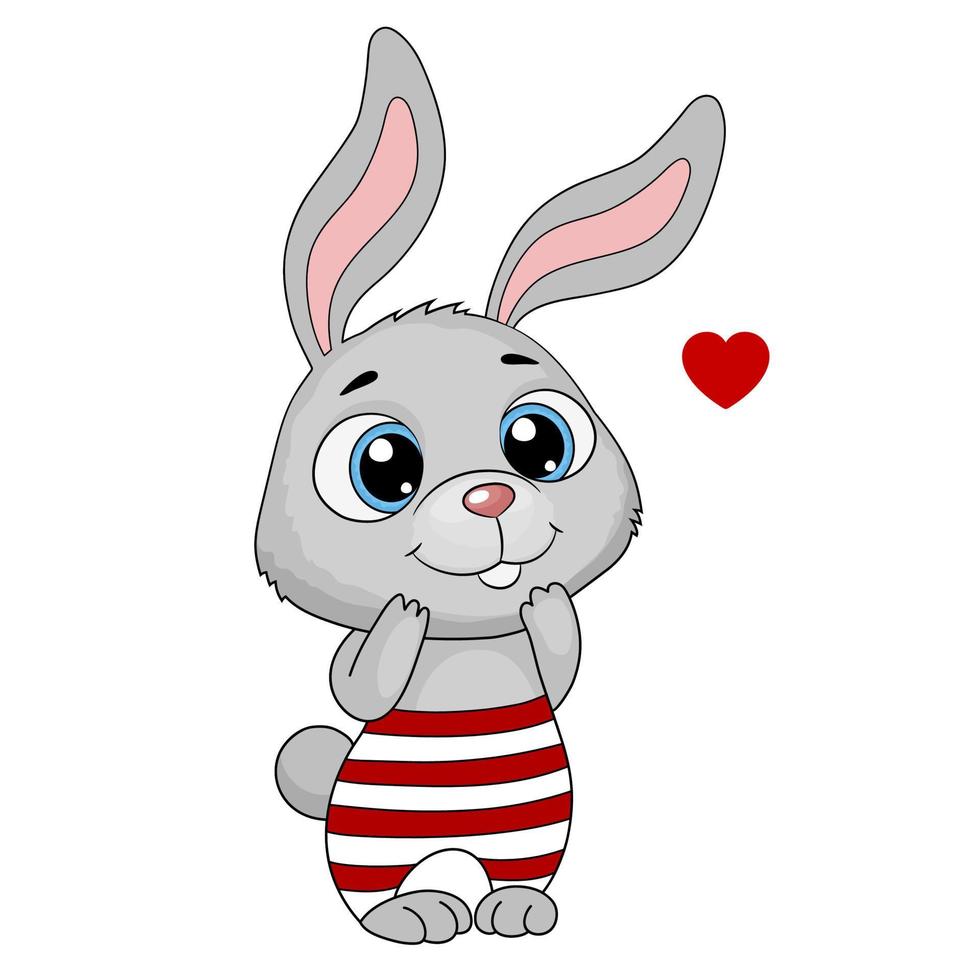 lindo conejo de dibujos animados con un corazón. conejito de Pascua en pantalones a rayas. tarjeta de felicitación, ilustración vectorial. vector