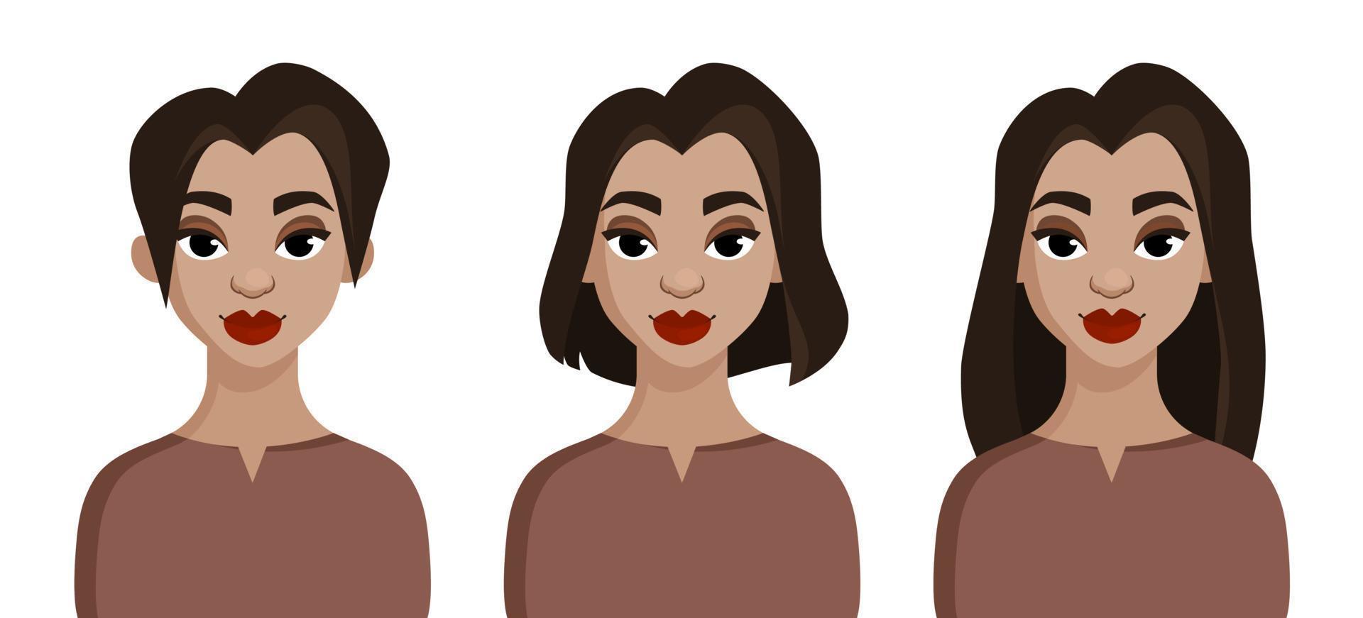 chica guapa con diferentes peinados. tabla de longitud del cabello vector