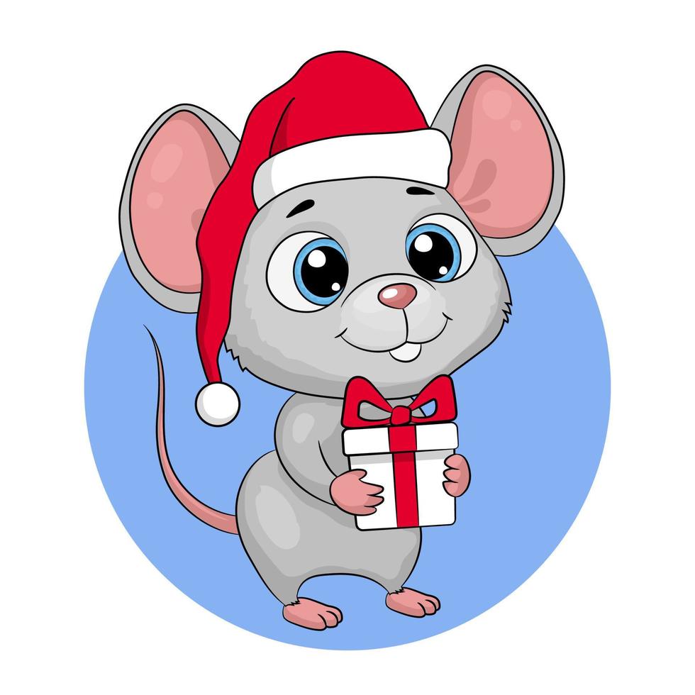 Cute cartoon mouse mouse in a santa hat with a gift. New Year greeting card, vector illustration