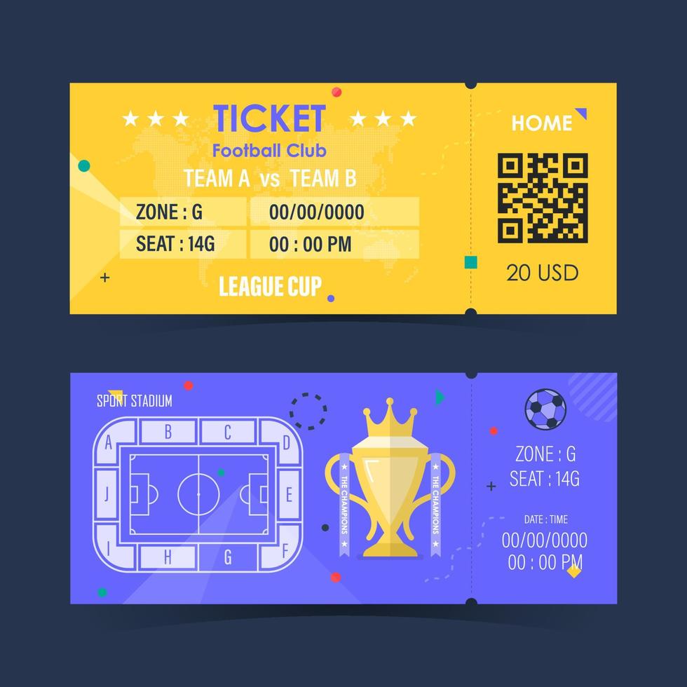 Football, Soccer ticket card purple and yellow color modern pattern element for graphic design. Vector illustration
