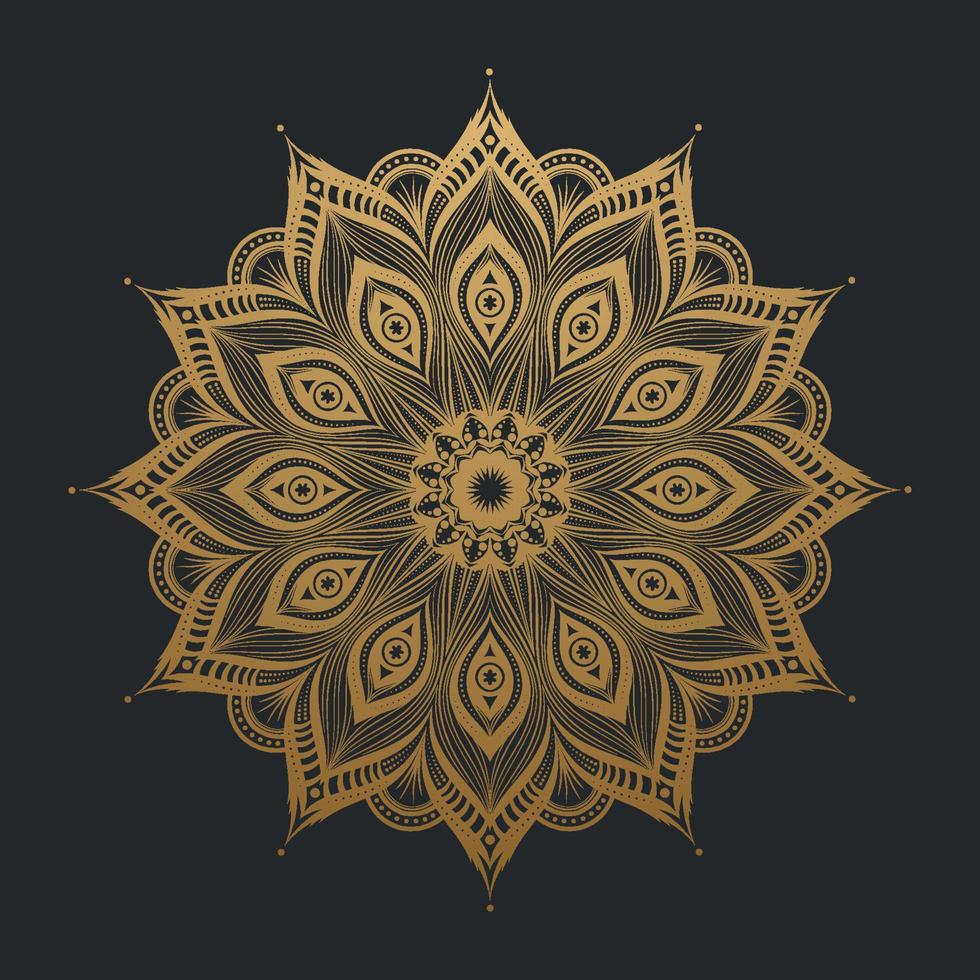 Luxury gold mandala art lace pattern on black background. Vector illustration