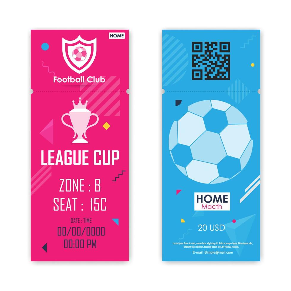 Football, Soccer ticket card pink and blue color modern pattern element for graphic design. Vector illustration