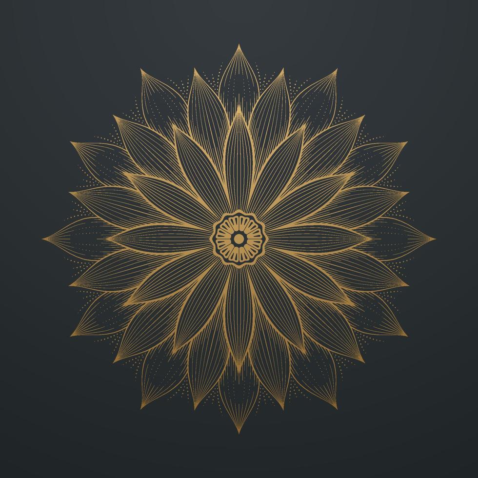 Vintage Gold Flower Abstract Mandala Line Art Lace Pattern. on black background. Vector illustration