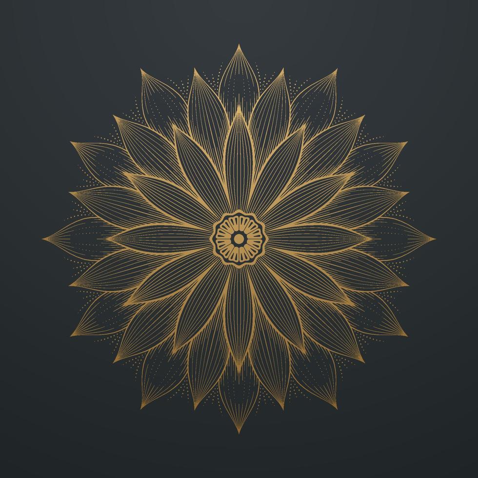 Vintage Gold Flower Abstract Mandala Line Art Lace Pattern. on black background. Vector illustration