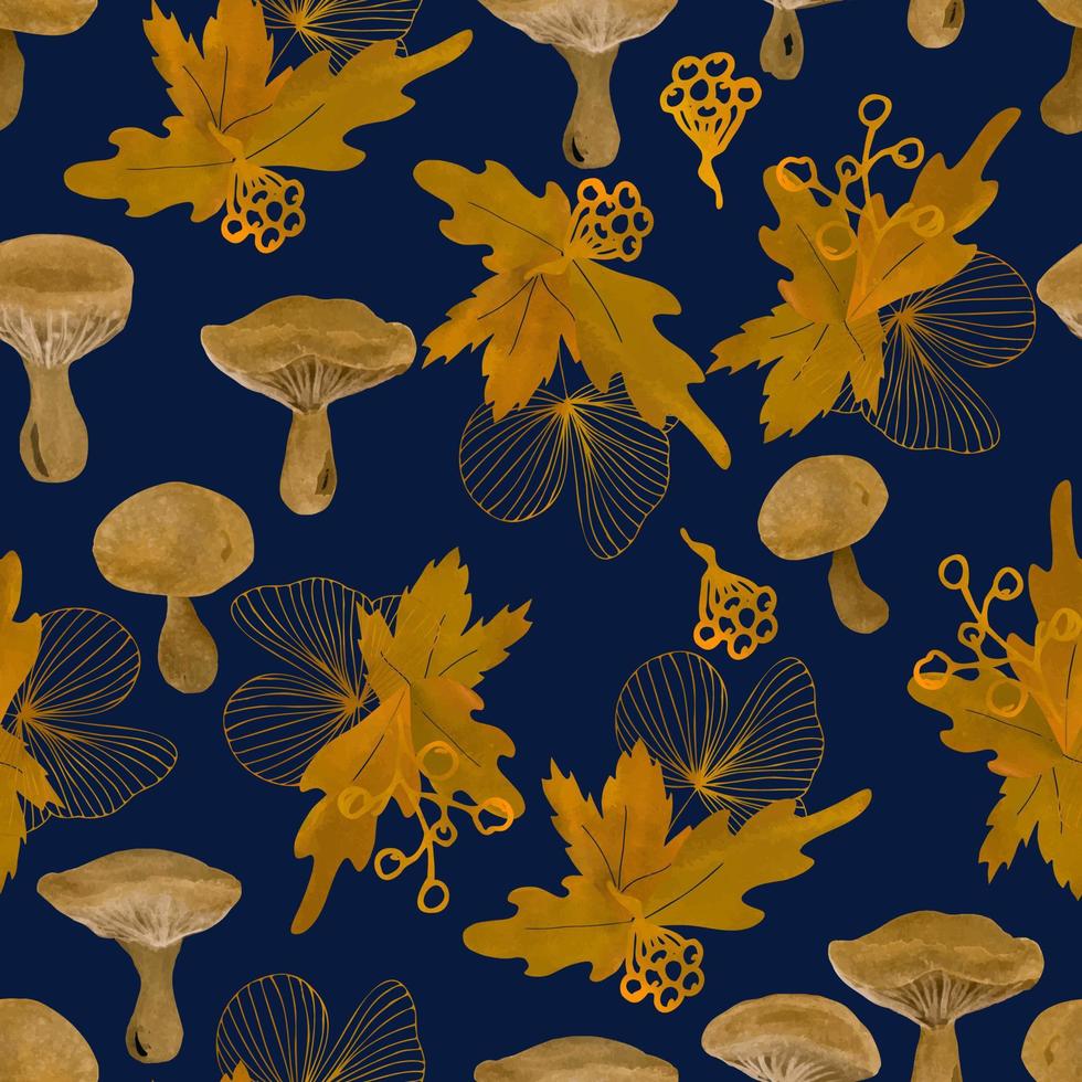 watercolor mushrooms and autumn leaves vector seamless pattern