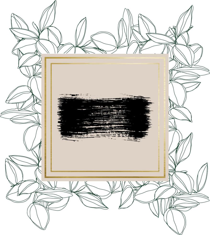 botanical minimalism line art leaves vector frame with golden borders and textured brush stroke