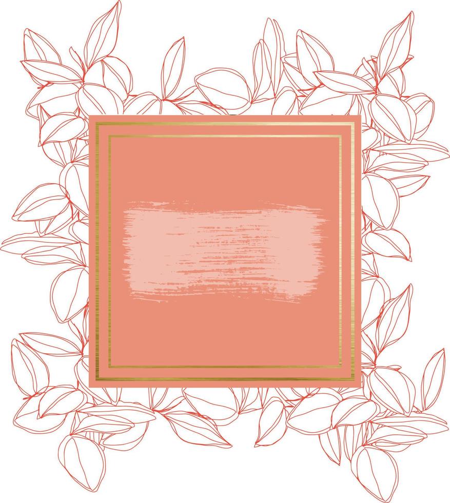 botanical minimalism line art leaves vector frame with golden borders and textured brush stroke