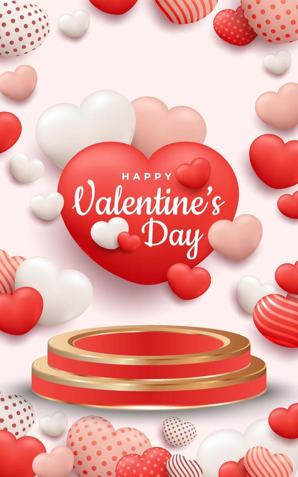 Valentines day banner with realistic hearth or love shape and 3d podium vector