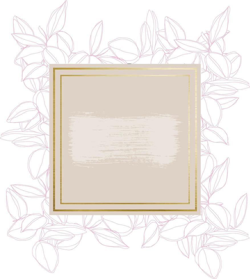 botanical minimalism line art leaves vector frame with golden borders and textured brush stroke
