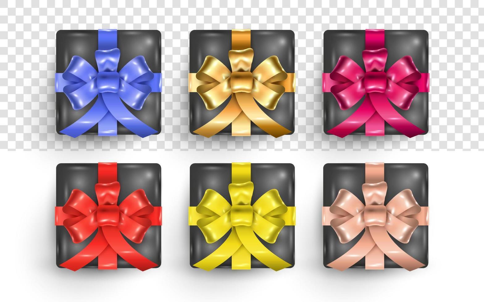 3d realistic black gift box with different colors of ribbon vector