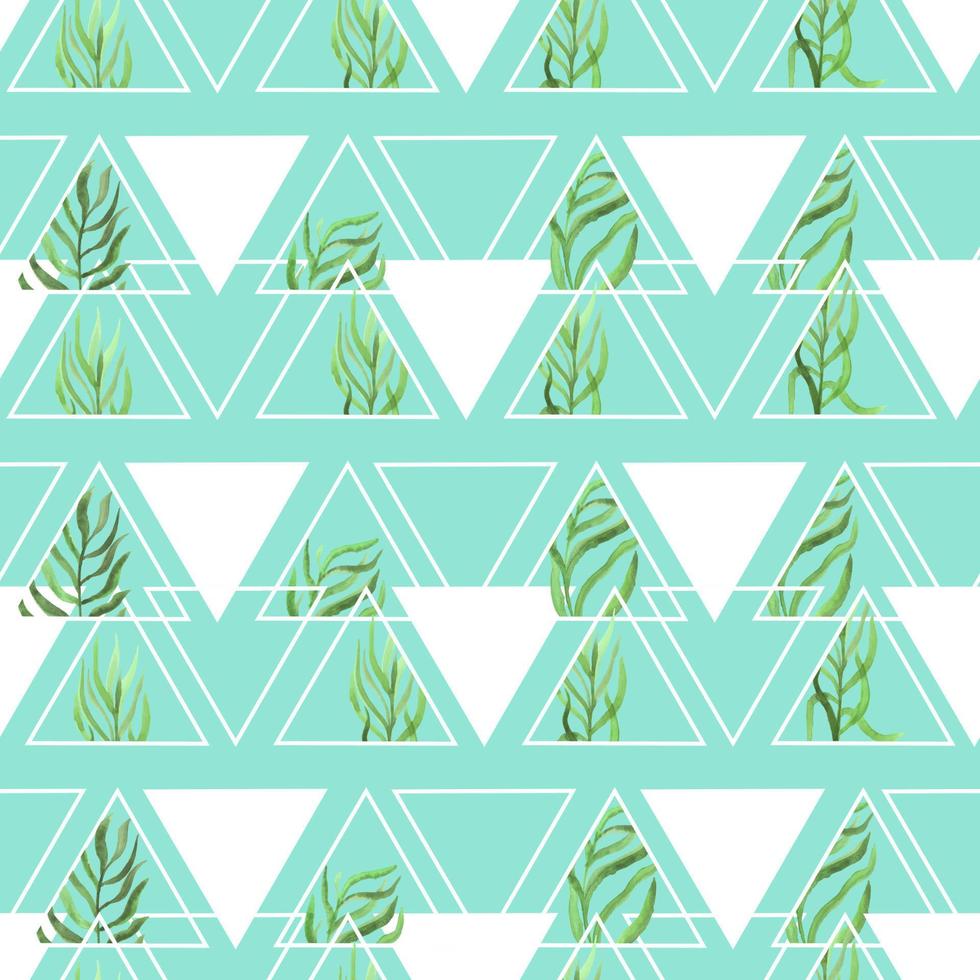 watercolor twigs with leaves in triangles frames geometric vector seamless pattern