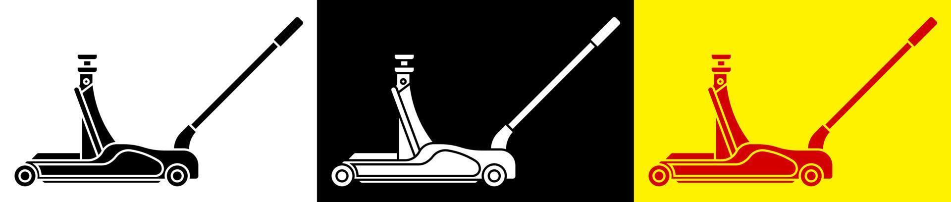Icon, hydraulic car jack on wheels. Car belt in repair shops. Increased lift. Lifting transport to change wheels. Black and white vector