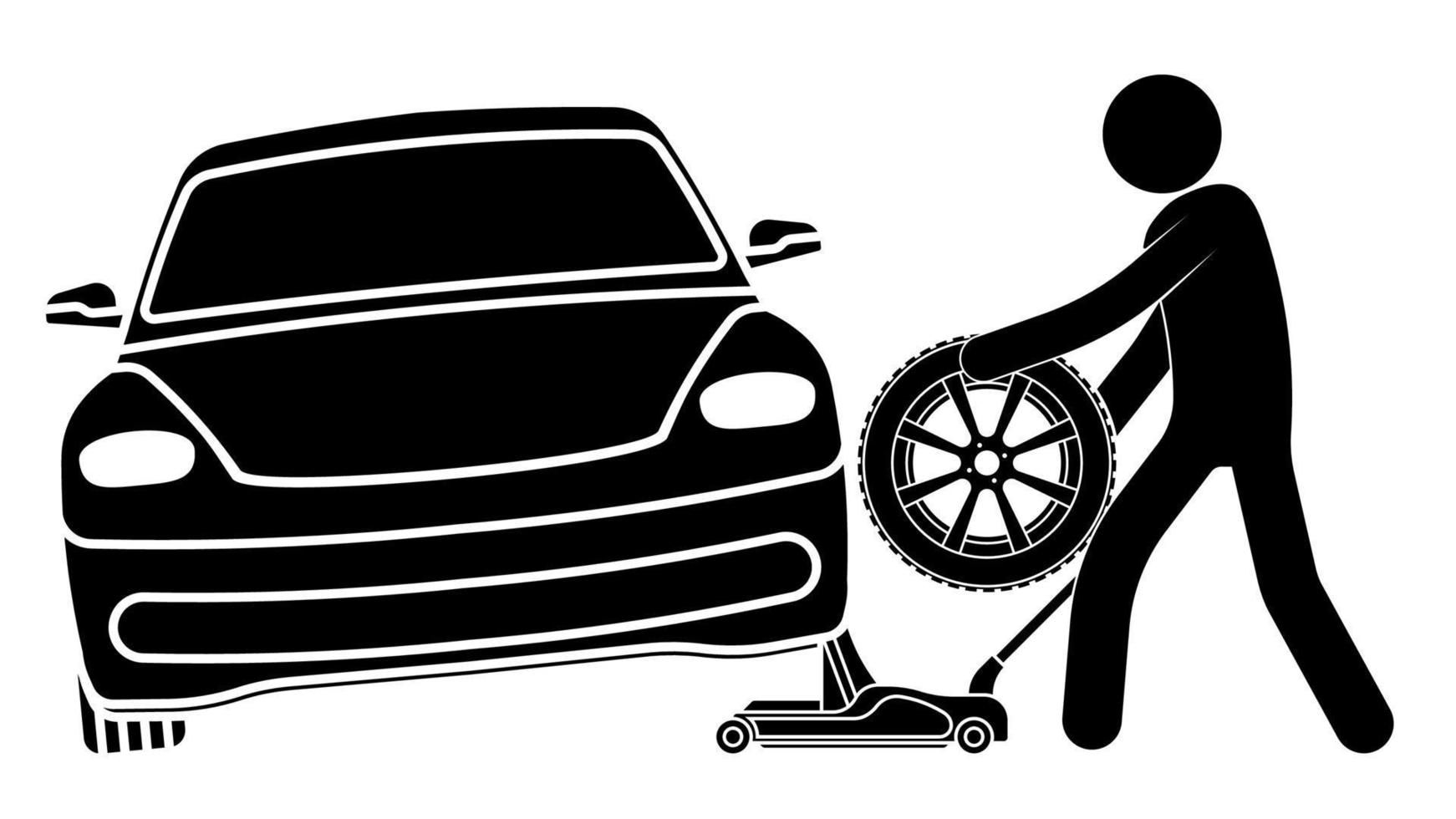 stick figure, workshop mechanic raised car on jack to change wheel. Lifting the car to change wheels before start of season. Black and white vector
