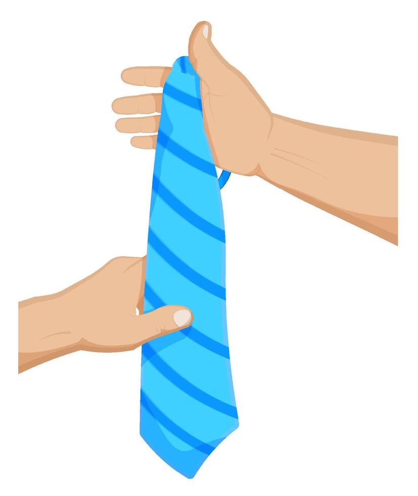 man is holding striped tie in his hands, trying on a suit. Business style clothing, men fashion. Cartoon vector on white background