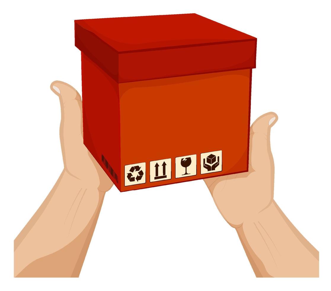 Mens hands hold a box with barcode and cargo storage signs. Shipping and home delivery. Gifts and surprises with courier delivery. Cartoon vector on white background