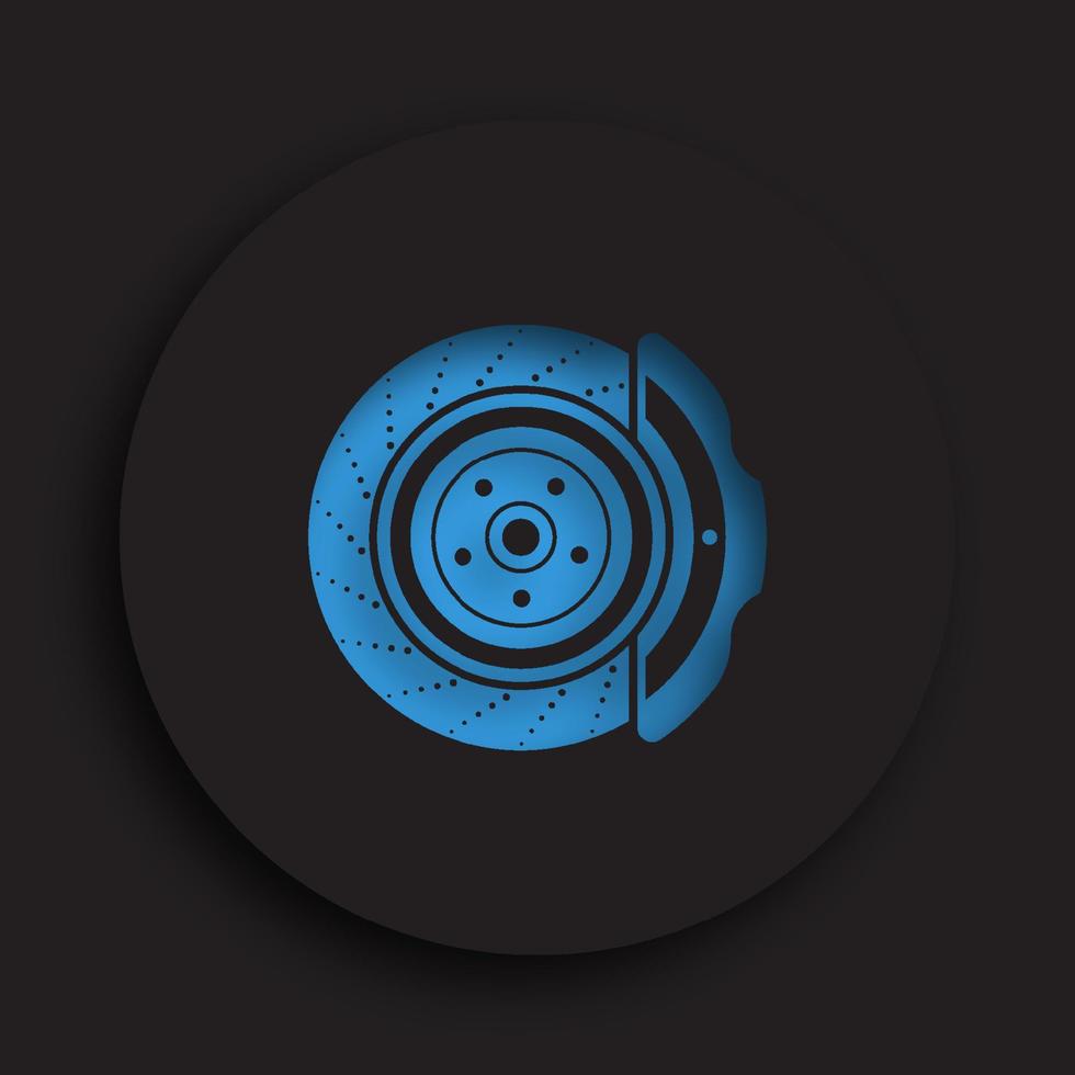 car brake disc icon in neomorphism style on dark background. Brake pads, car parts. Car maintenance in workshop. Vector