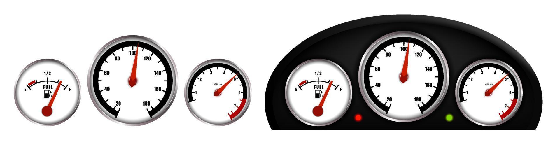 Car gauges, speedometer, tachometer, fuel level gauge. Car dashboard. Realistic vector on white background