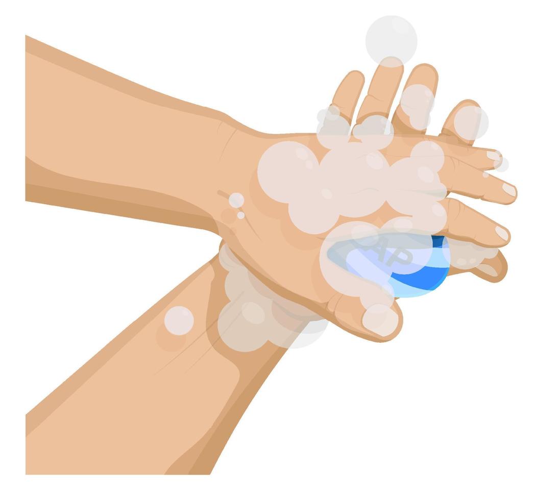man washes his hands, palms with soap. Compliance with hygiene, precautionary measures during a pandemic and in everyday life. Cartoon vector on white background