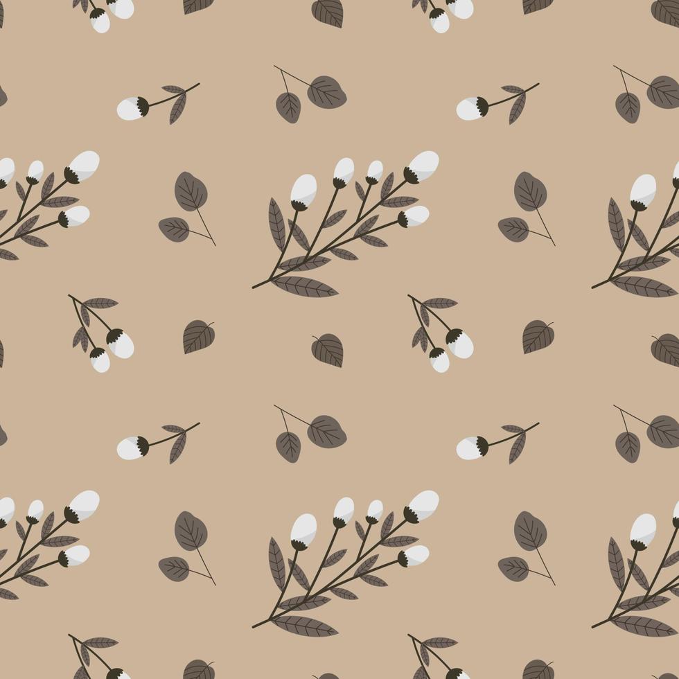 patrones sin fisuras, ramas de algodón blanco con hojas sobre un fondo beige. impresión, fondo, papel pintado, vector